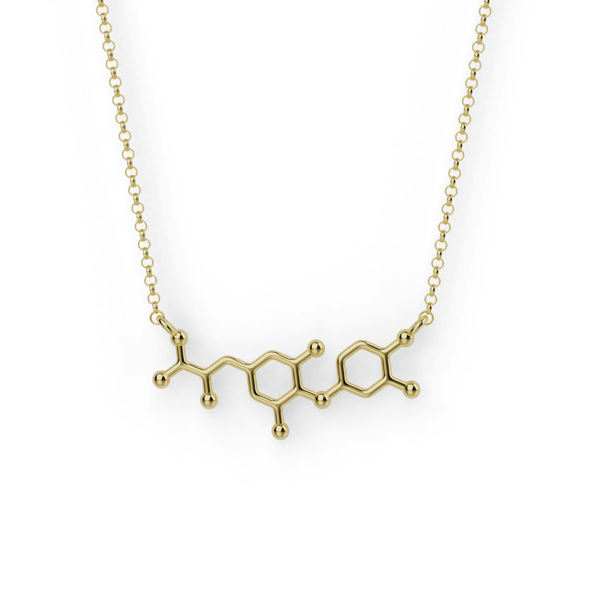 Gold vermeil T3 thyroid hormone necklace showing triiodothyronine molecular structure