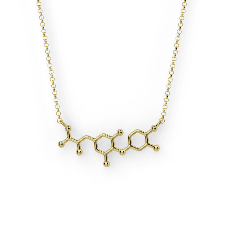 Gold vermeil T3 thyroid hormone necklace showing triiodothyronine molecular structure