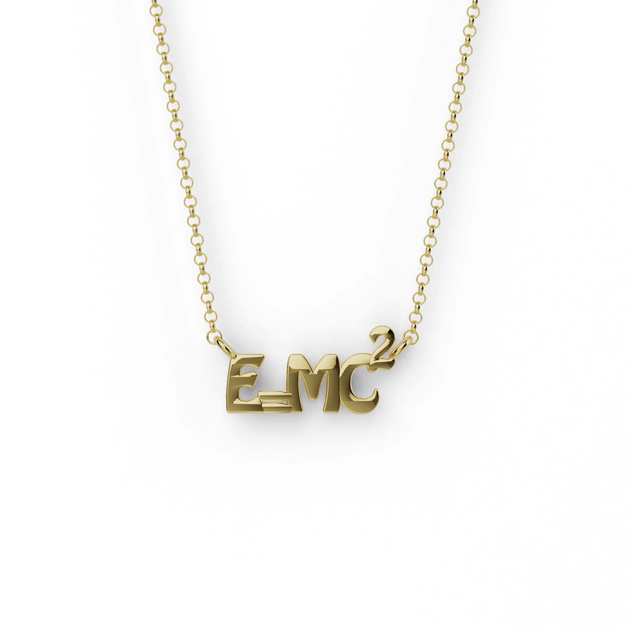 Gold vermeil E=MC² necklace inspired by Einstein’s equation of energy and mass.