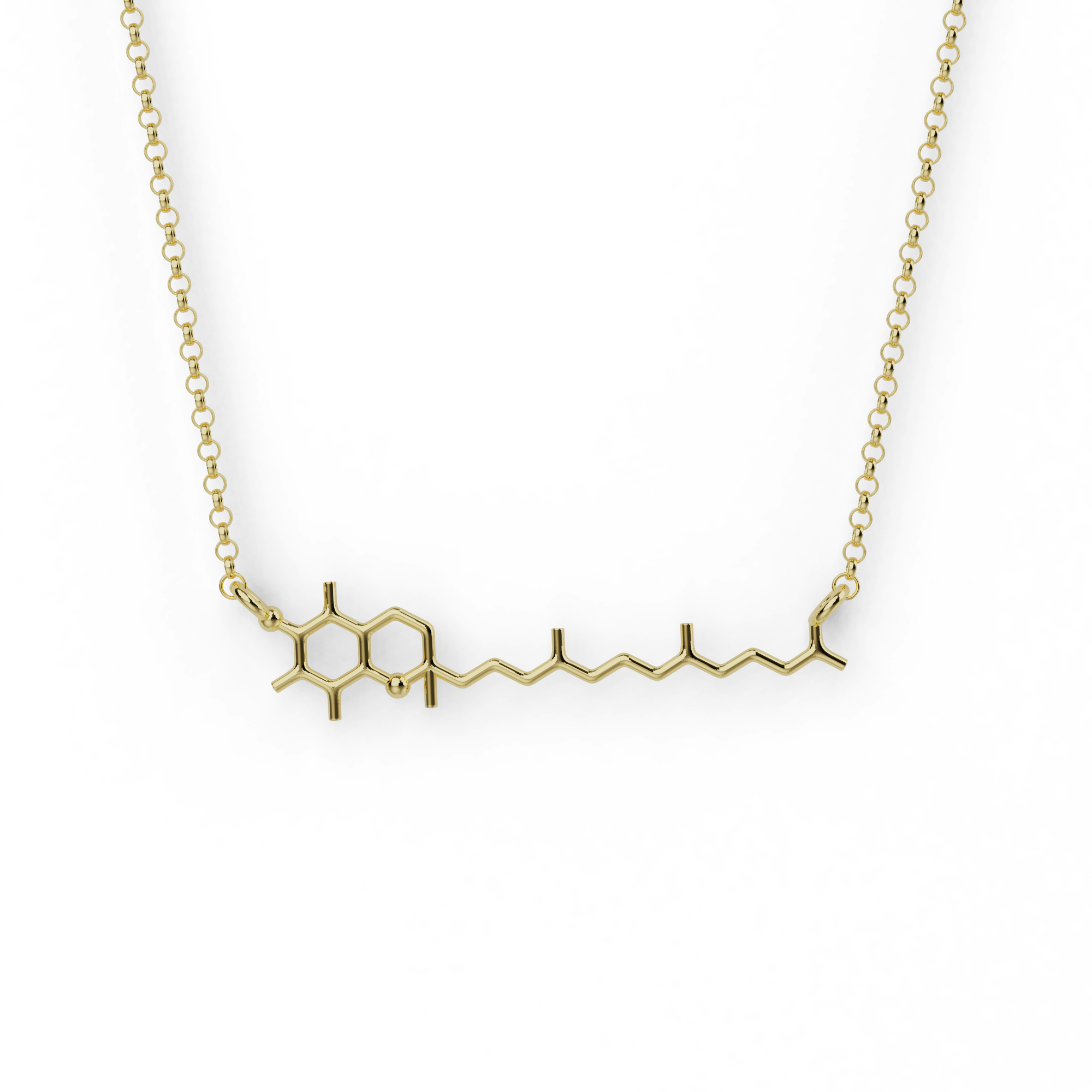 Delicate gold vermeil necklace featuring the molecular structure of tocopherol (Vitamin E), with a fine chain and a minimalist, horizontally arranged pendant resembling a chemical diagram.