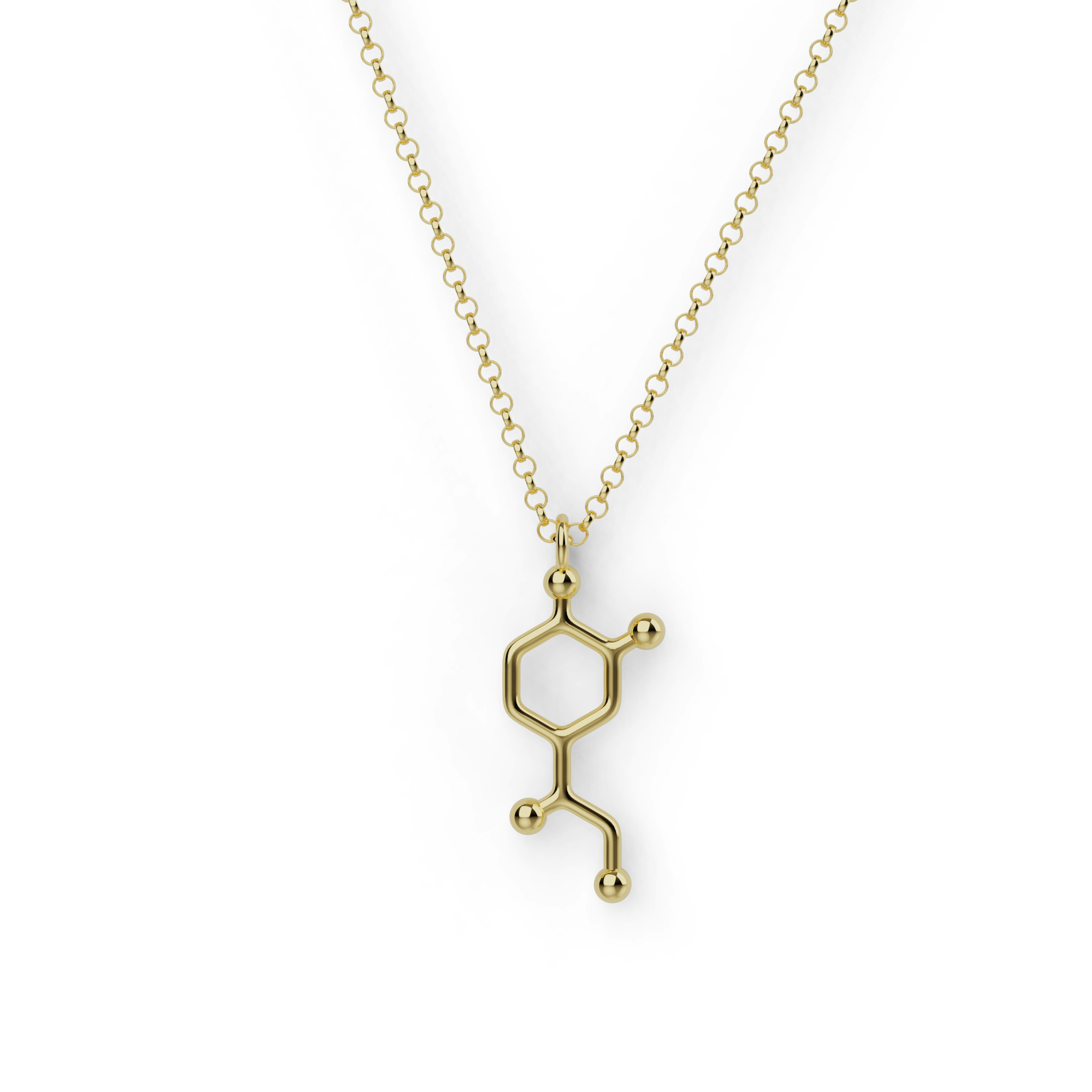 Gold vermeil noradrenaline molecule necklace inspired by neuroscience