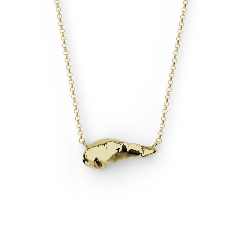 Gold vermeil pancreas necklace showing anatomical pancreas design