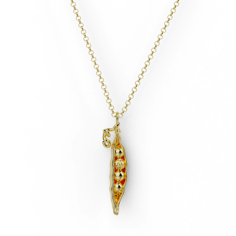 Gold vermeil Mendel’s peas necklace with elegant pea pod pendant design.