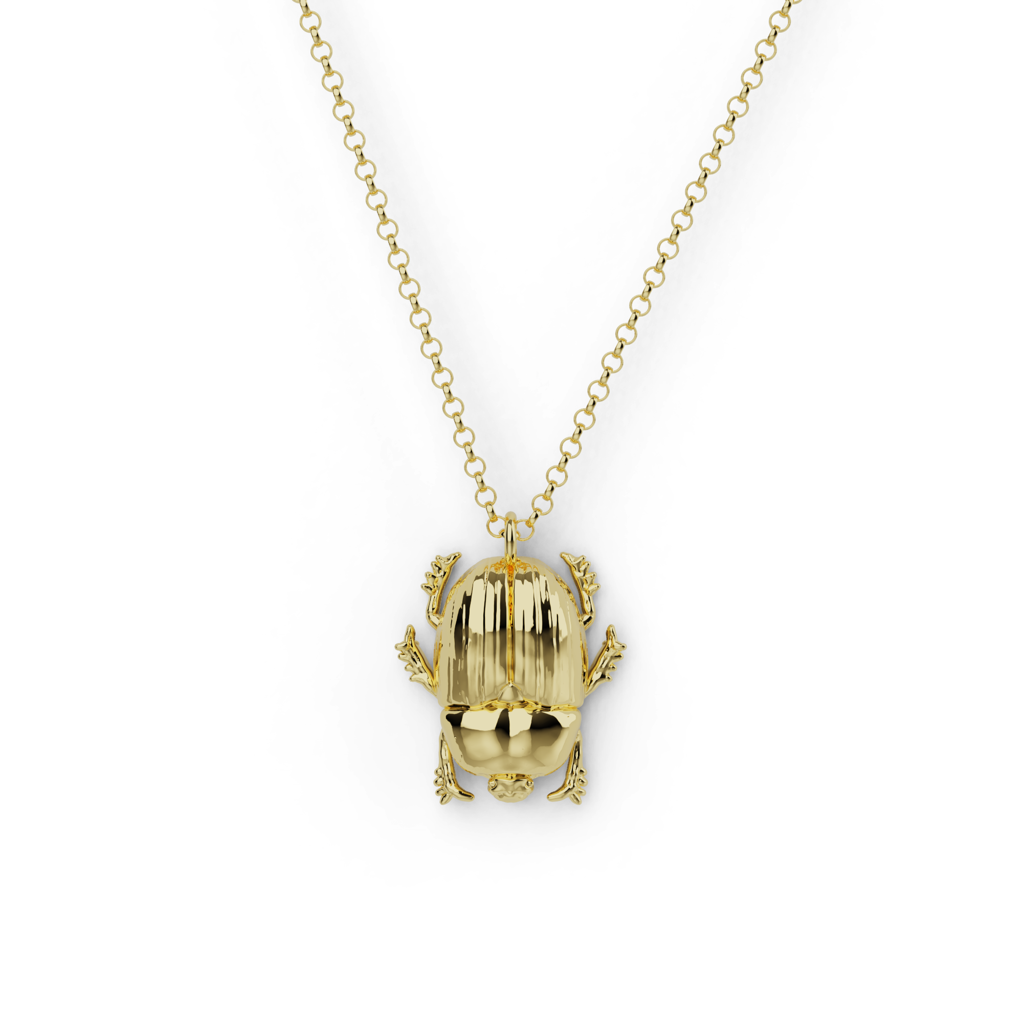 3D printed gold vermeil scarab beetle necklace inspired by ancient Egyptian symbolism