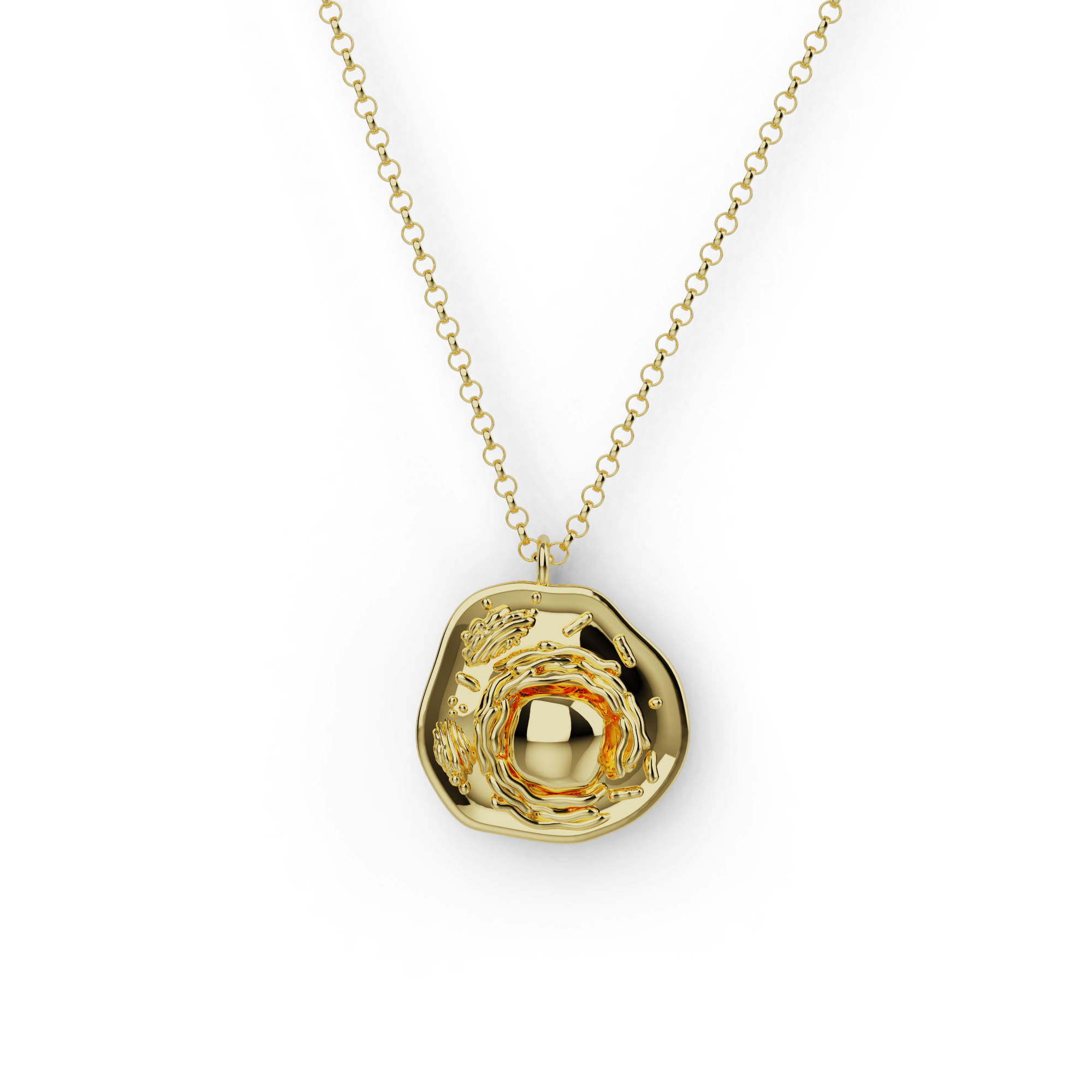 Gold vermeil mammalian cell necklace featuring elegant cellular pendant.