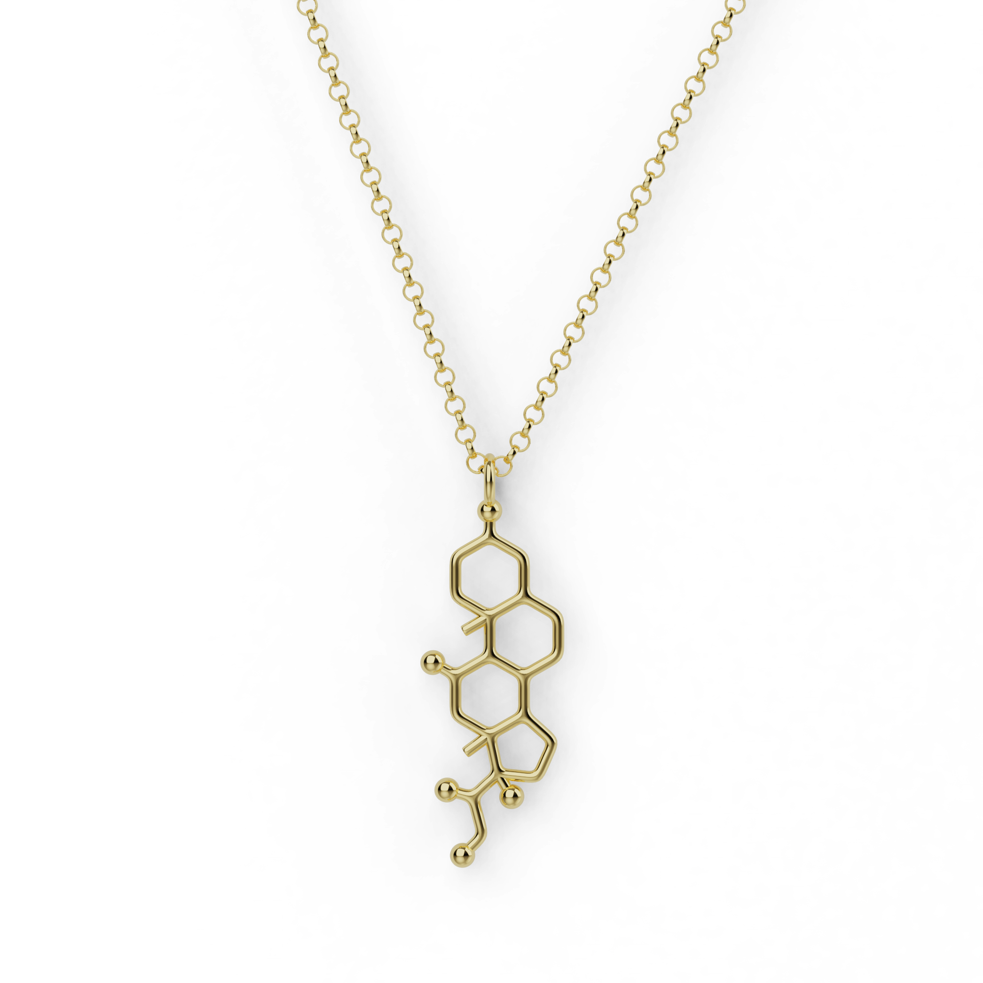 Gold vermeil cortisol necklace featuring elegant molecular pendant.