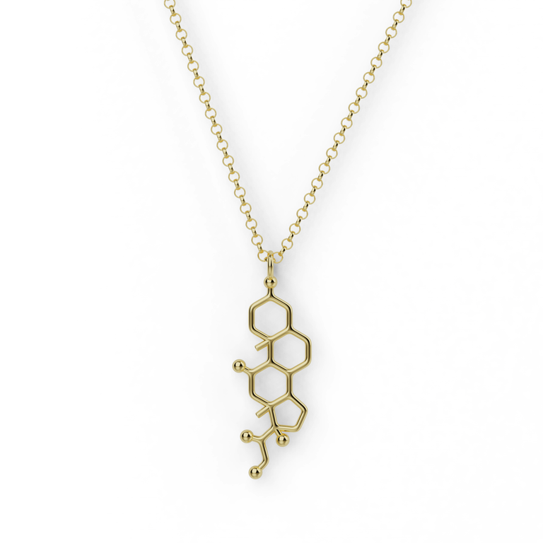 Gold vermeil cortisol necklace featuring elegant molecular pendant.