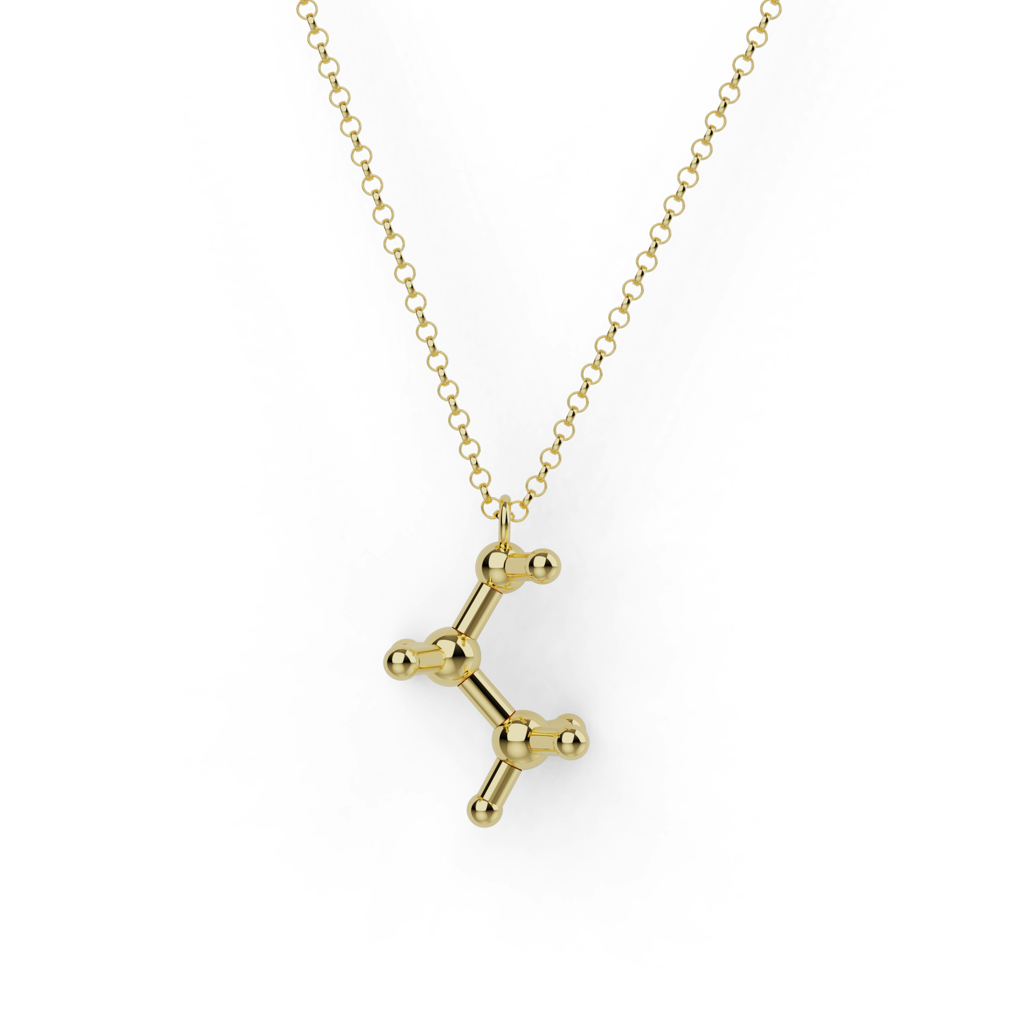 Gold vermeil ethanol necklace featuring precise 3D printed molecular pendant.
