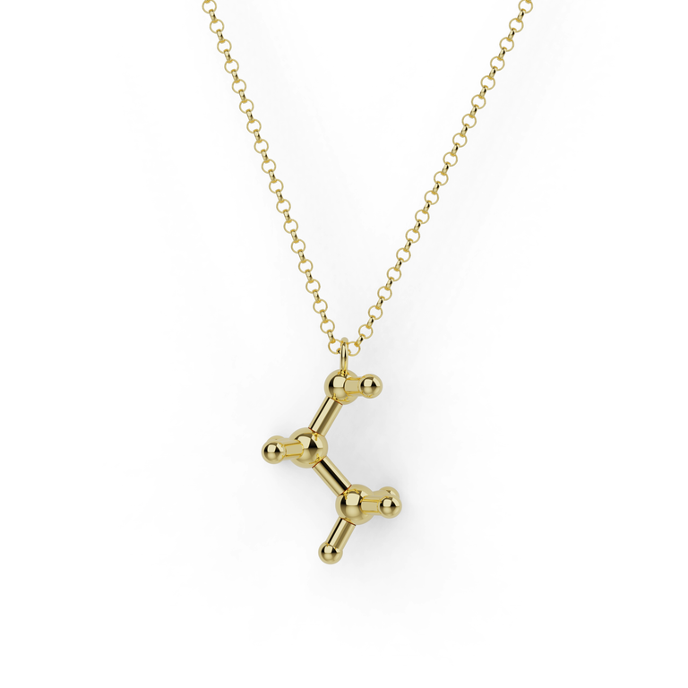 Gold vermeil ethanol necklace featuring precise 3D printed molecular pendant.