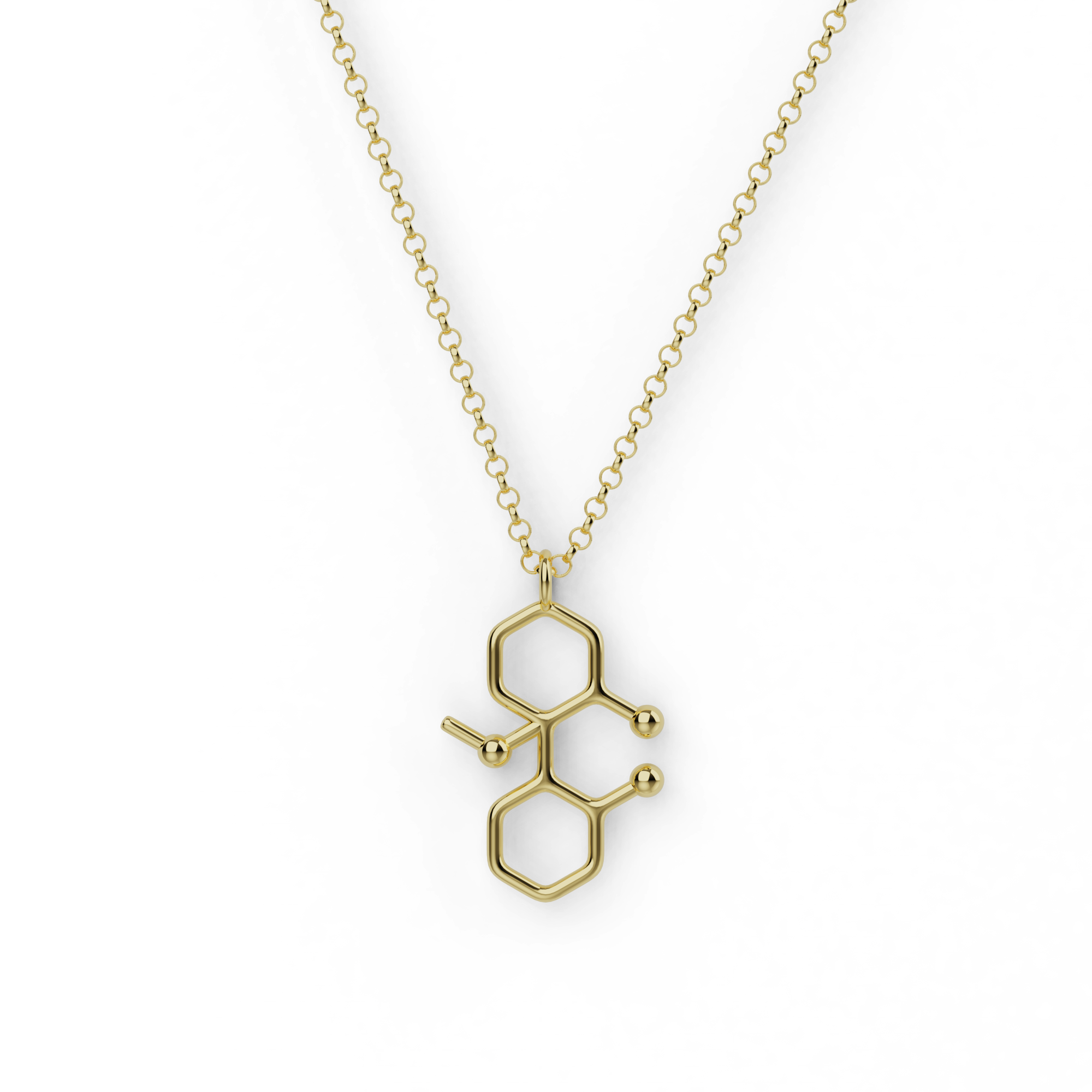 Gold vermeil ketamine molecule necklace inspired by neuroscience and chemistry