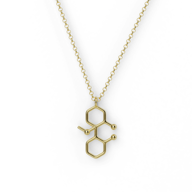 Gold vermeil ketamine molecule necklace inspired by neuroscience and chemistry