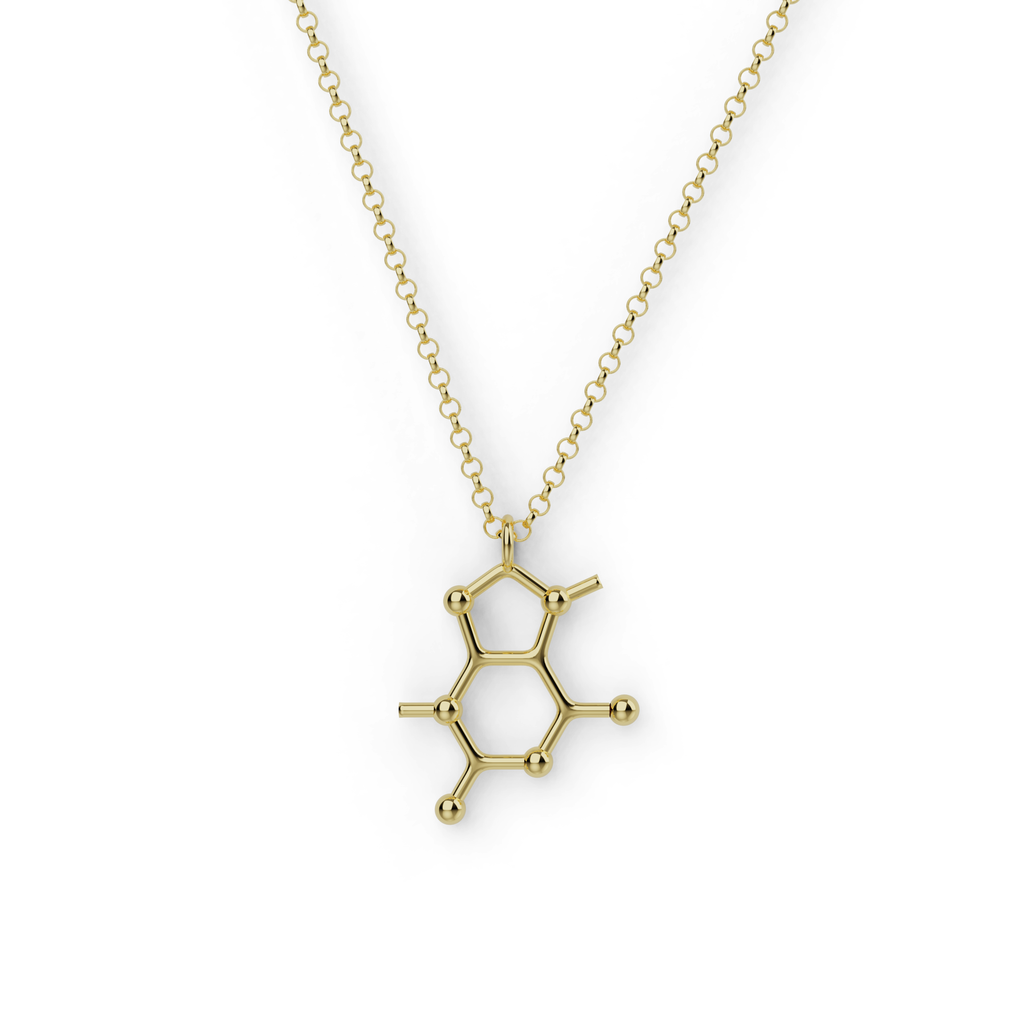 Gold vermeil theobromine necklace featuring the molecular structure of theobromine, inspired by chocolate and chemistry.