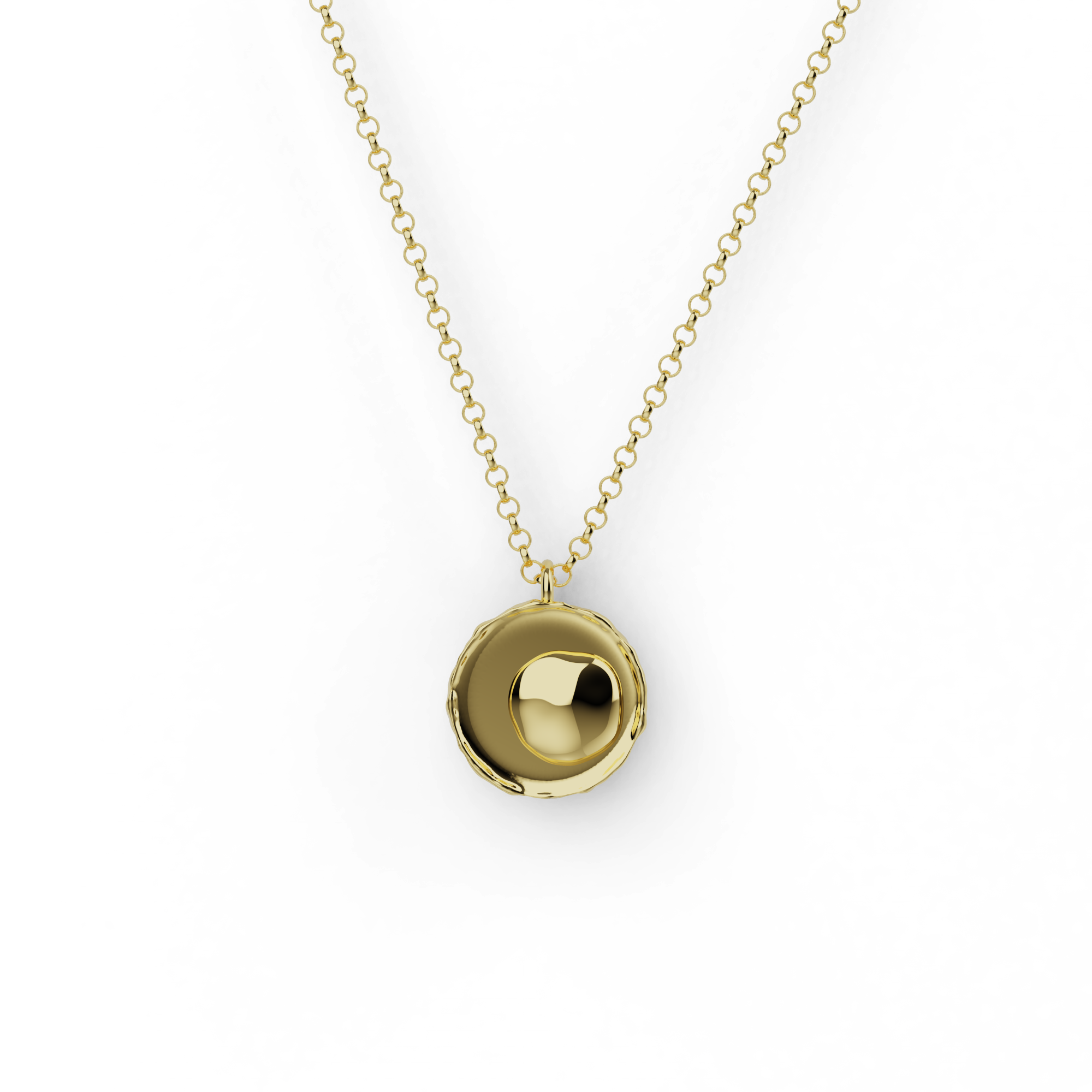 Gold vermeil lymphocyte necklace on chain — features raised nucleus design, inspired by immune cells.