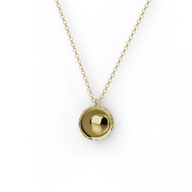 Gold vermeil lymphocyte necklace on chain — features raised nucleus design, inspired by immune cells.