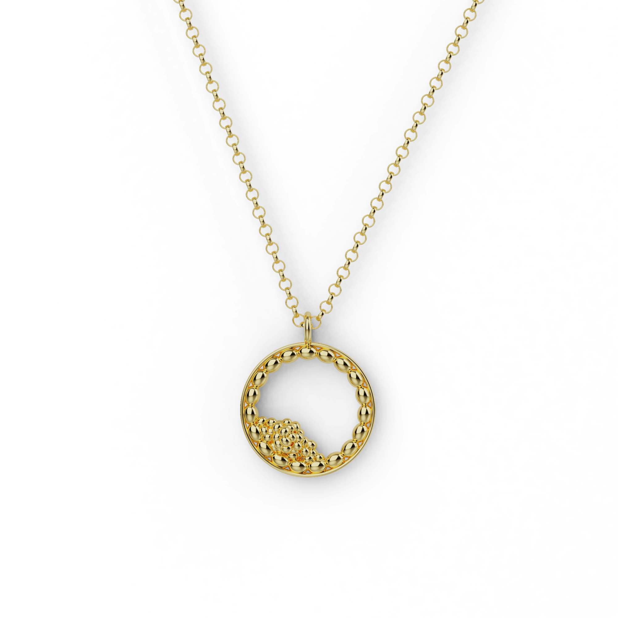 Gold vermeil blastocyst necklace with cell-inspired pendant design.