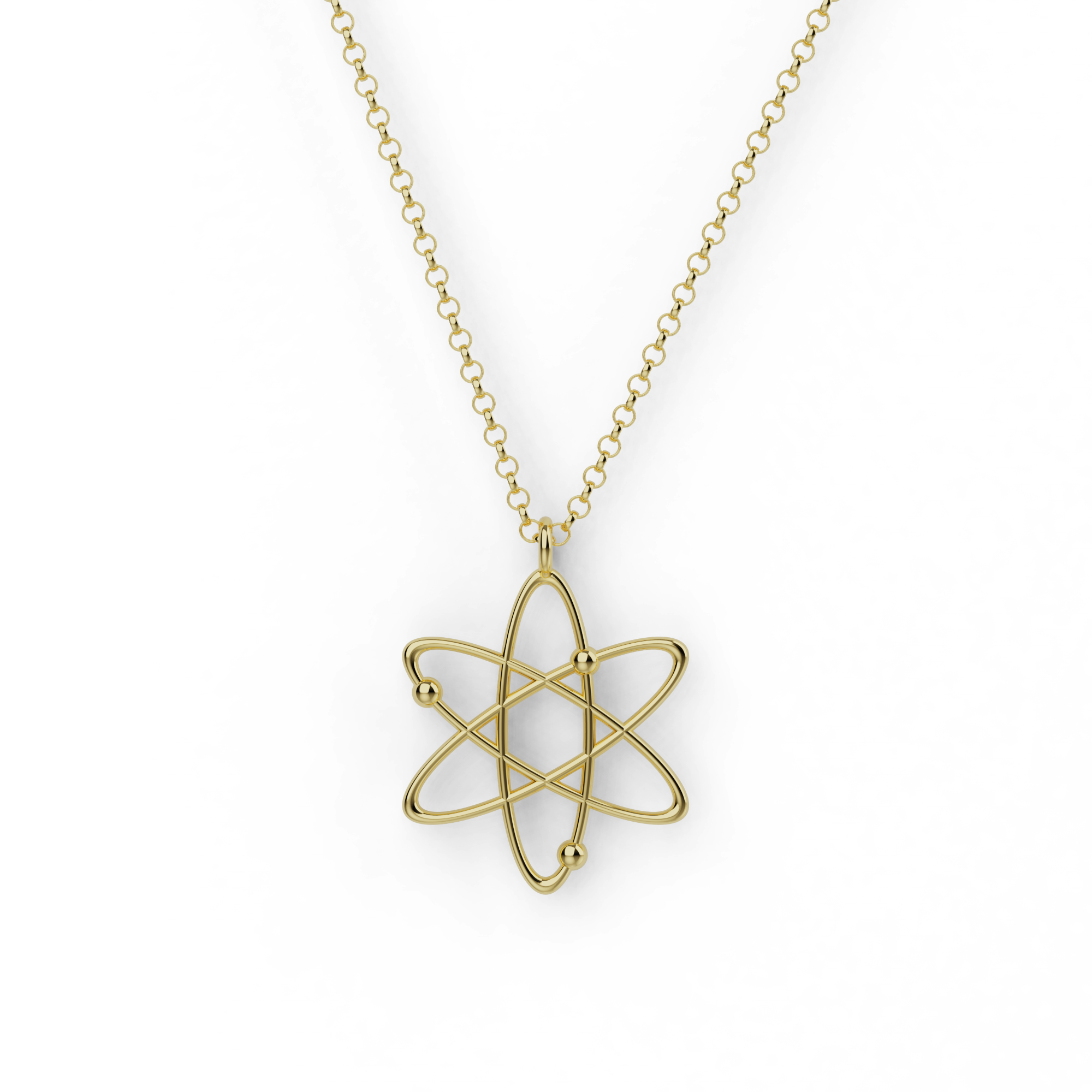Gold vermeil atom necklace featuring orbiting electron design, elegant science jewelry gift.