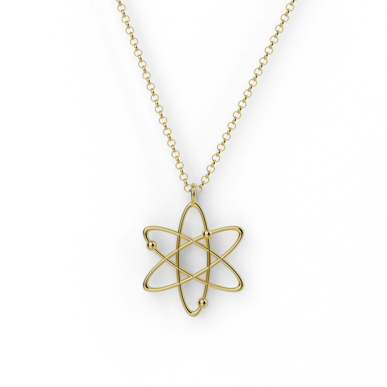 Gold vermeil atom necklace featuring orbiting electron design, elegant science jewelry gift.