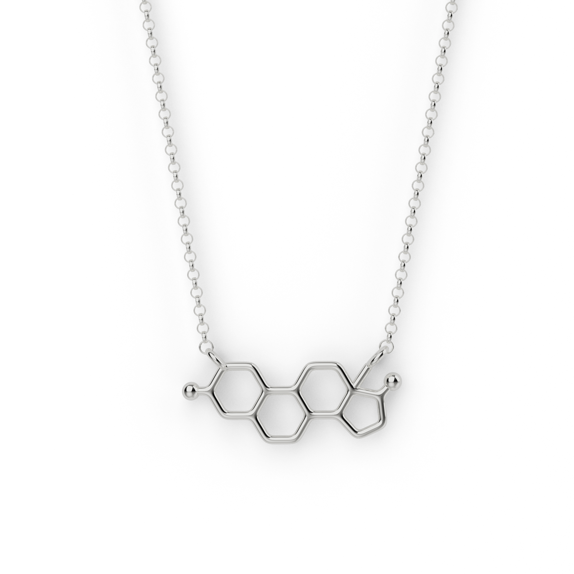 estrogen necklace in sterling silver, flat skeletal formula of estradiol