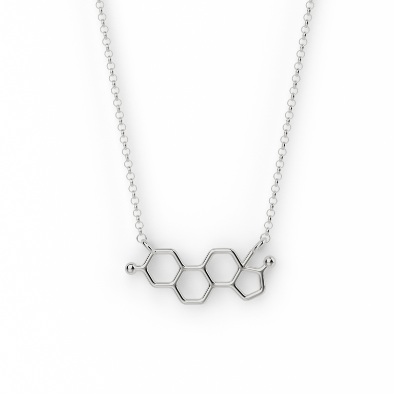 estrogen necklace in sterling silver, flat skeletal formula of estradiol