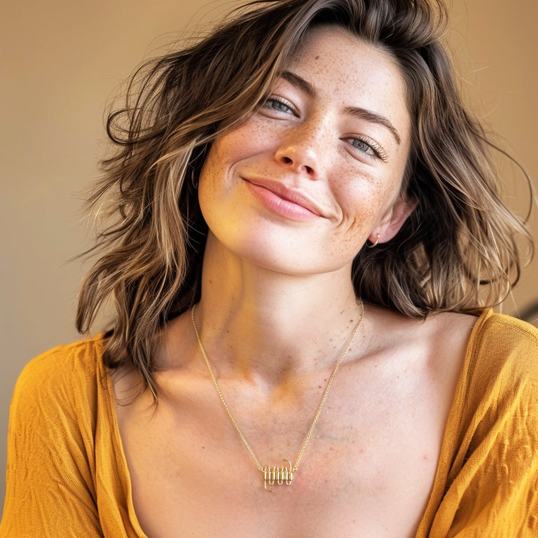 Person smiling while wearing the gold vermeil 7TMR necklace, with the pendant clearly visible against a yellow top.