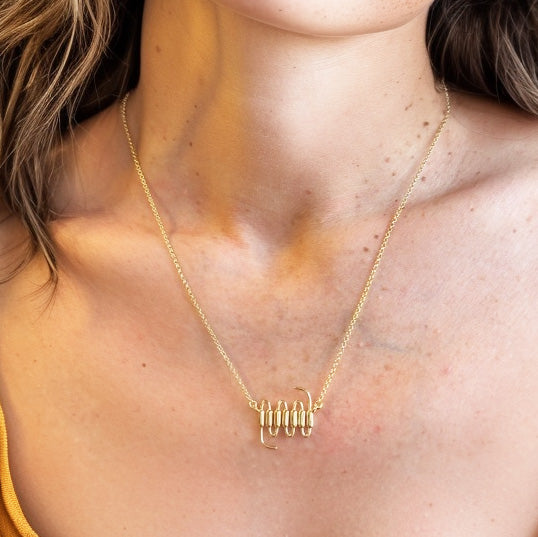 Close-up of a person wearing the gold vermeil 7TMR necklace, highlighting the seven-helix pendant resting at the collarbone.