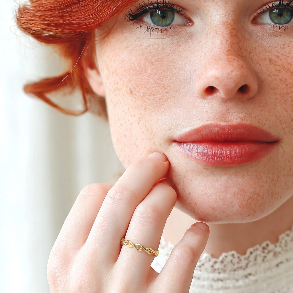 Close-up portrait of a freckled red-haired woman with green eyes, softly lit by natural light. She gently touches her cheek while wearing a delicate gold DNA double-helix ring on her finger, the molecular design clearly visible against her skin.