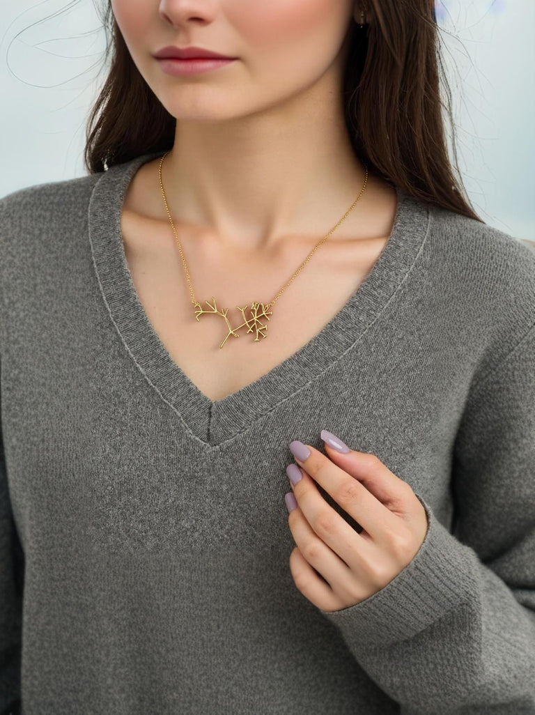 A person wearing the Darwin’s Phylogenetic Tree Necklace in gold vermeil. The delicate pendant, inspired by Darwin’s tree of life sketch, rests elegantly on their chest, showcasing its intricate branching structure. The necklace subtly complements their outfit, making it an understated yet meaningful statement piece for science and evolution enthusiasts.