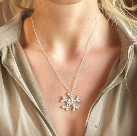 Close-up of a woman wearing the sterling silver IgM necklace, highlighting the pendant’s intricate snowflake-like structure.