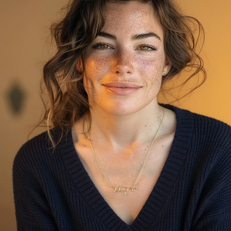 Portrait of a woman with wavy hair and freckles wearing a navy sweater and the gold vermeil T4 thyroid hormone necklace, shown in warm natural light.