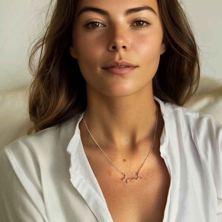 Portrait of a woman wearing the Arginine Necklace, styled with a white blouse, highlighting the minimalist science-inspired jewelry.