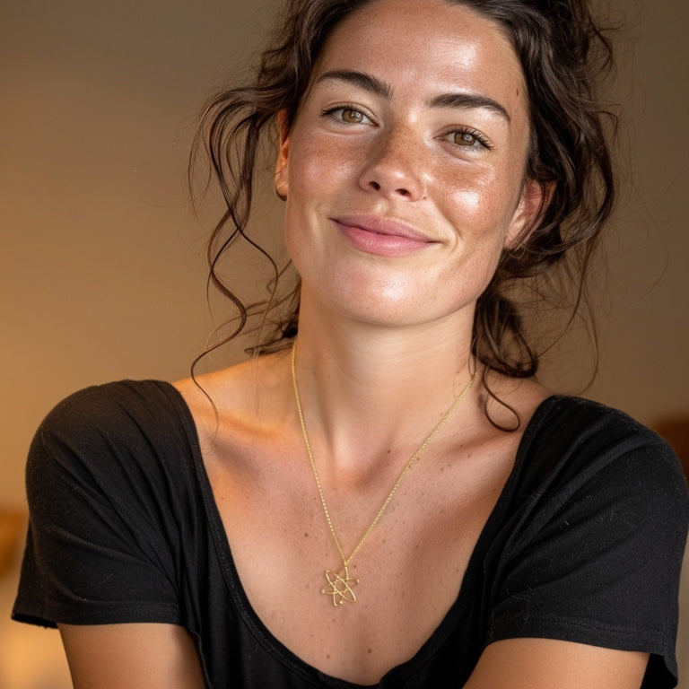 Smiling woman wearing the gold vermeil atom necklace, the atomic pendant catching warm light, illustrating its elegant size and radiant gold finish.