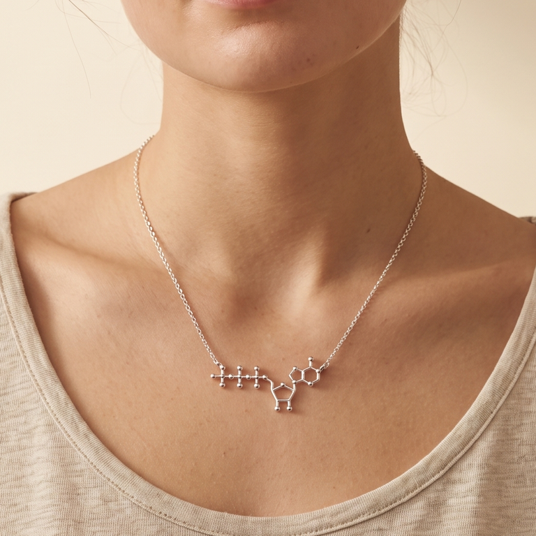 close-up of the ATP necklace in sterling silver, worn at the collarbone