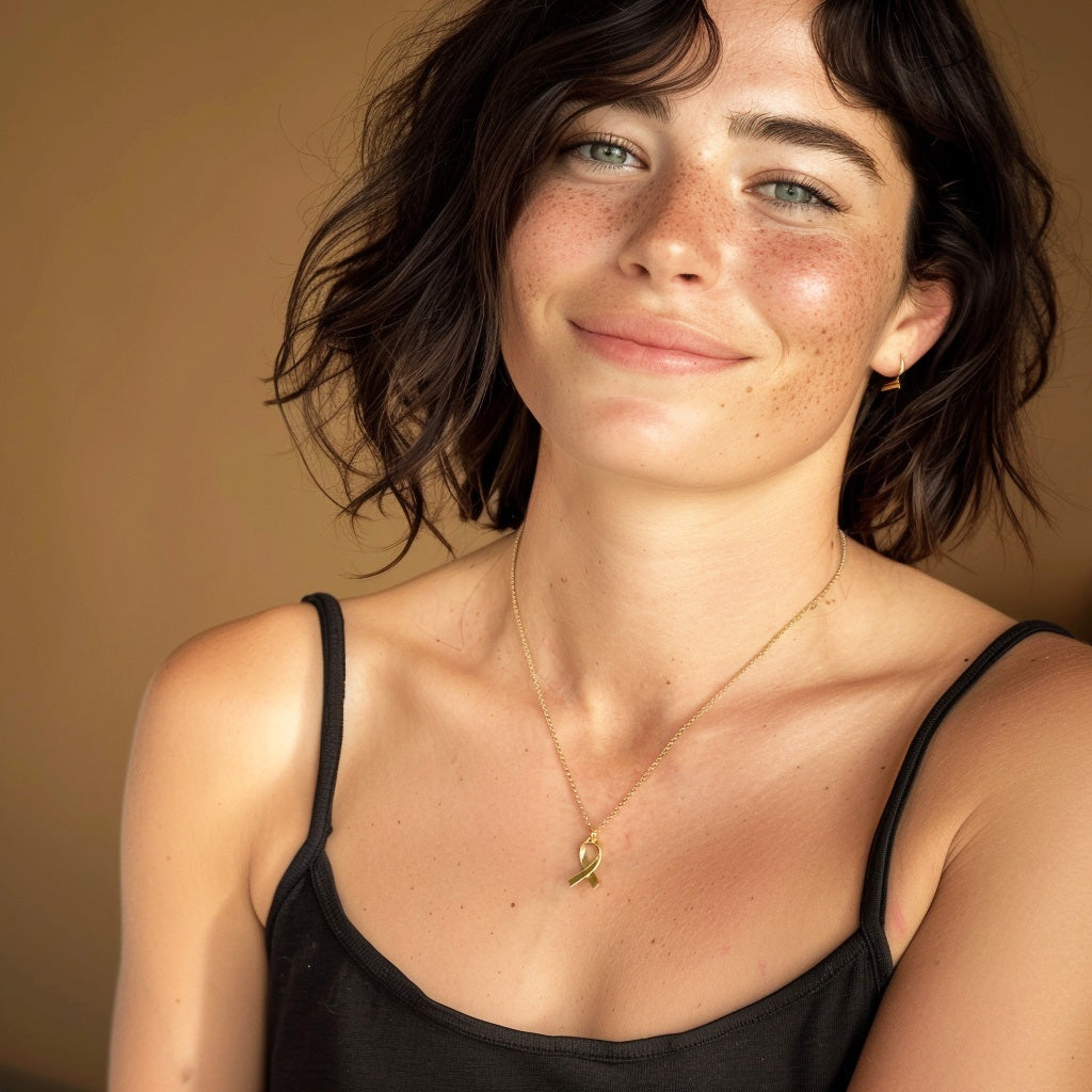 Smiling woman with short dark hair wearing a black top and a gold vermeil awareness ribbon necklace, photographed in warm natural light.
