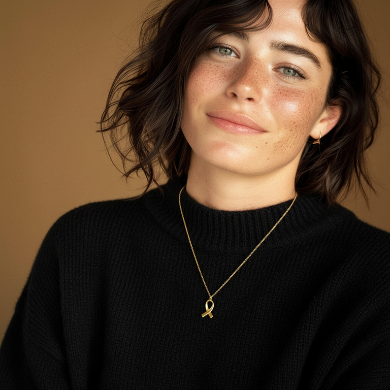 Smiling woman with short dark hair wearing a black pullover and a gold vermeil awareness ribbon necklace, photographed in warm natural light.