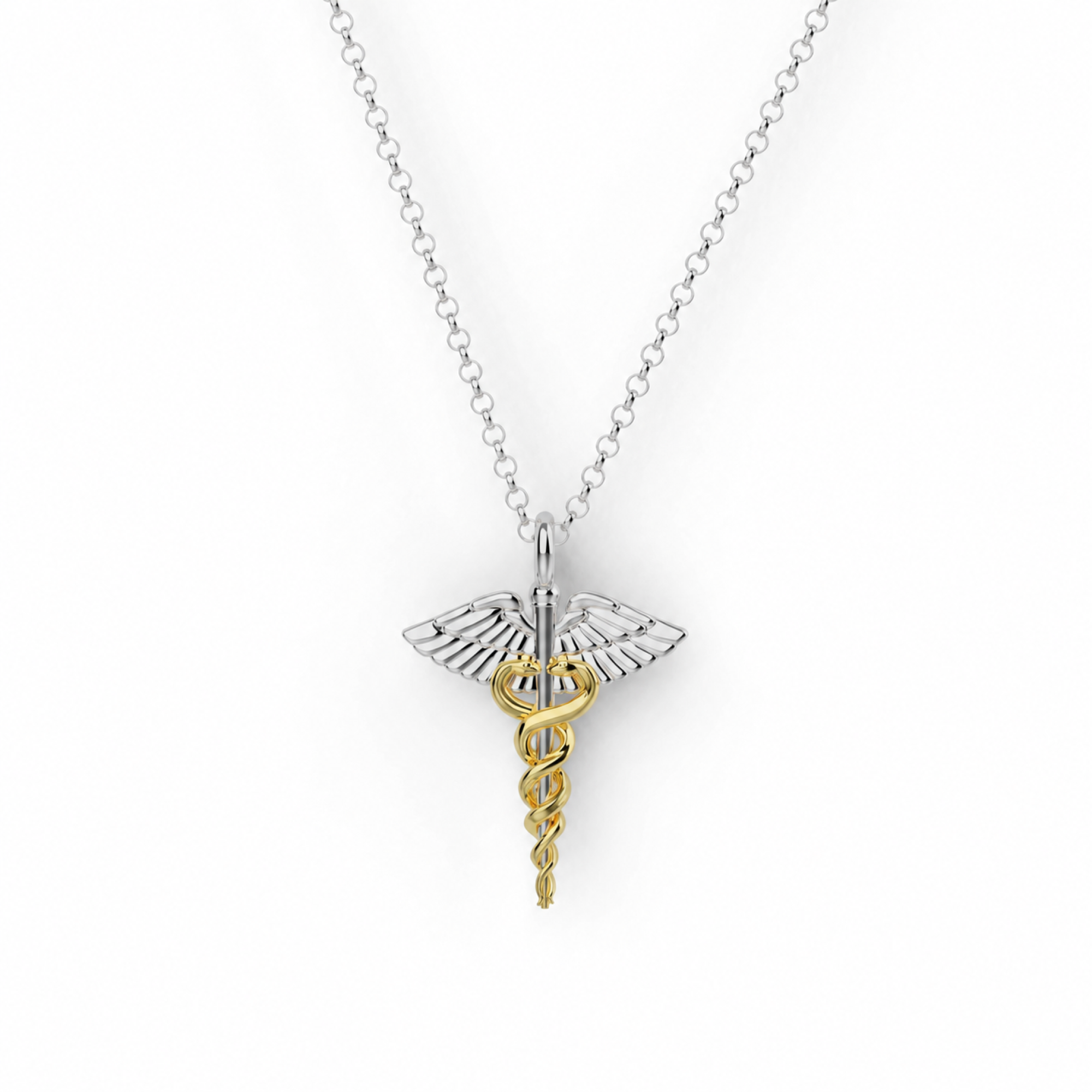 two-tone caduceus necklace, gold vermeil snakes on a sterling silver winged staff