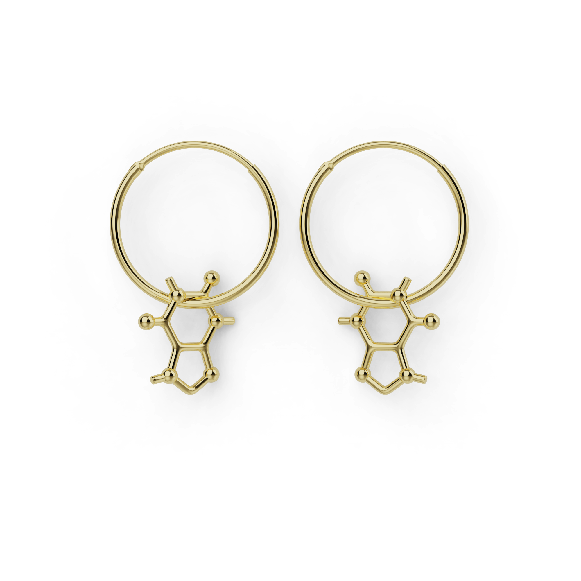 18K gold vermeil caffeine molecule earrings on 17.5 mm hoops, white background