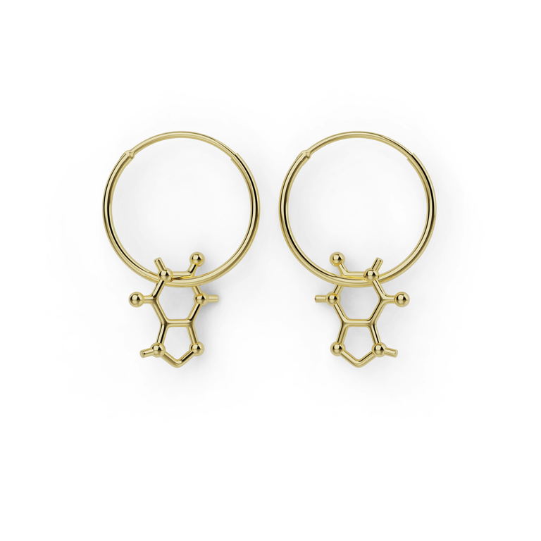 18K gold vermeil caffeine molecule earrings on 17.5 mm hoops, white background