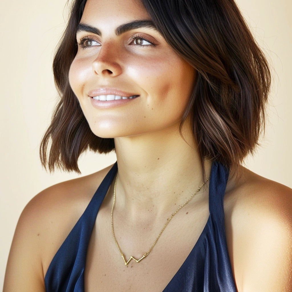 Woman smiling while wearing the Cassiopeia gold vermeil necklace, paired with a deep blue top.