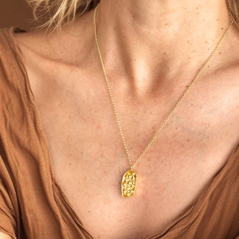 Close-up view of a gold vermeil chloroplast necklace resting on a woman’s chest, highlighting the detailed pendant and fine gold chain.