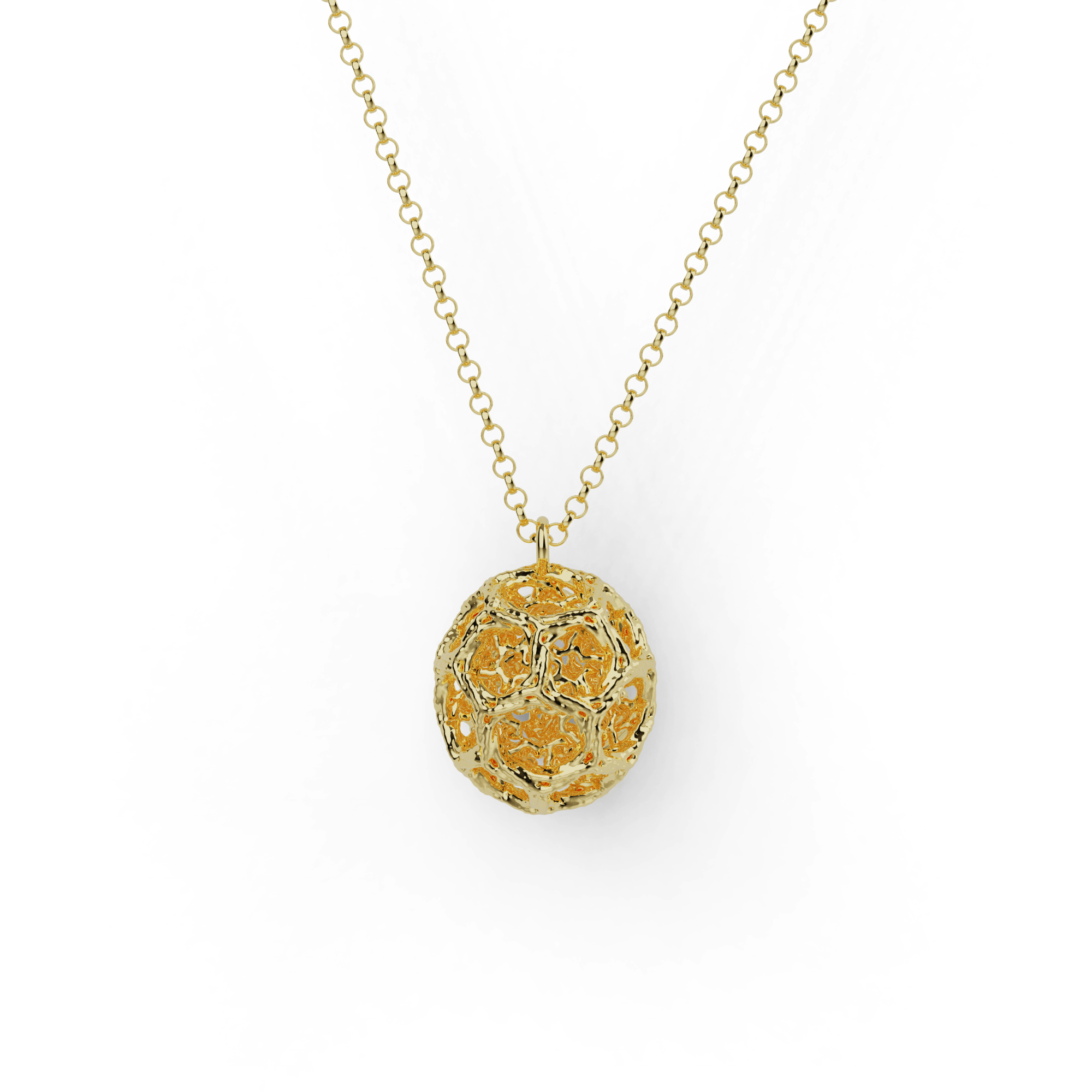 Gold vermeil clathrin coated vesicle necklace showcasing intricate scientific details in a luxurious design.