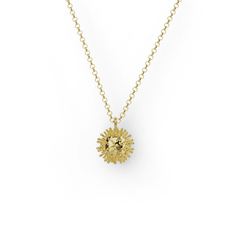 Gold vermeil coronavirus necklace featuring intricate viral spike details, unique science-inspired jewelry.