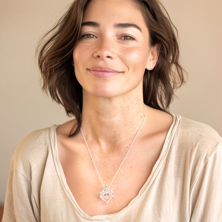 Woman wearing the CubeSat necklace, smiling slightly, with the geometric cube pendant resting at her chest.