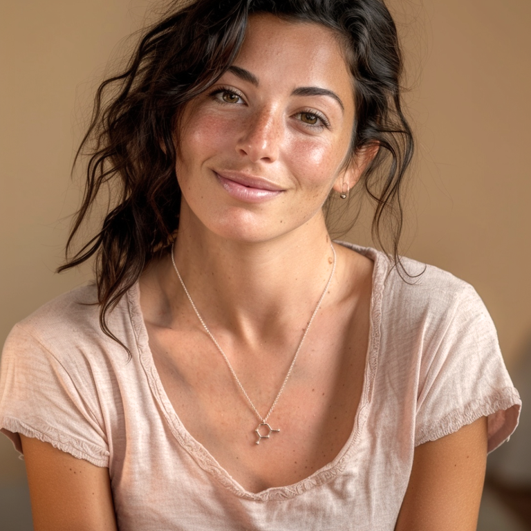 Smiling woman with natural makeup wearing a sterling silver cytosine molecule necklace and a soft pink t-shirt.