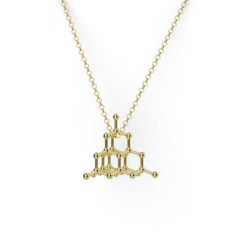 Gold vermeil Diamond Crystal Structure Necklace displayed on a white background, showcasing its intricate 3D-printed design inspired by diamond atoms.