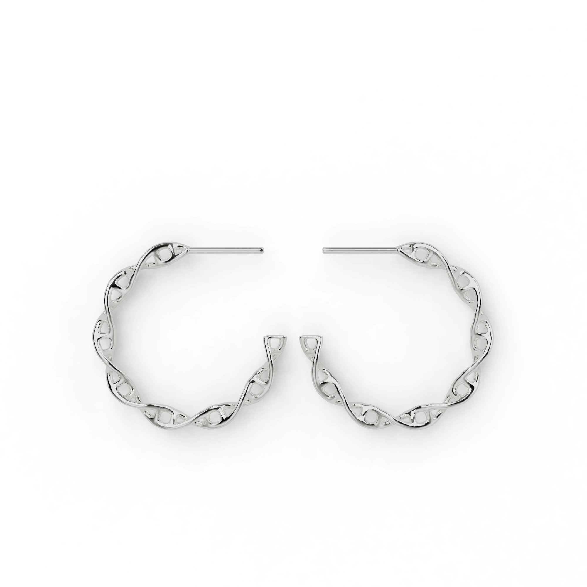 Close-up of DNA Earring Hoops in Silver, featuring a DNA double helix design, perfect for science enthusiasts.