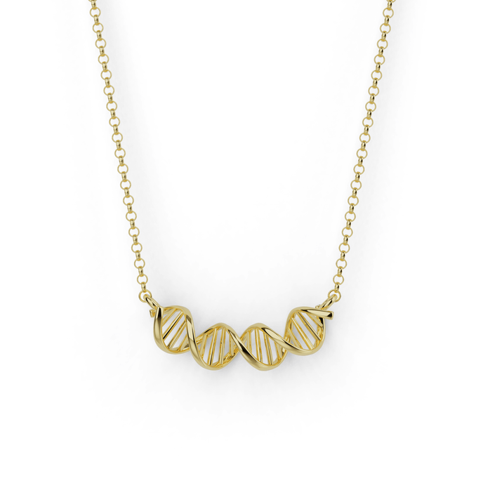 18K gold vermeil DNA necklace, science-inspired double helix jewelry.