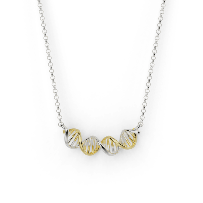 Two-tone DNA necklace in silver and gold vermeil, inspired by the double helix structure, symbolizing life’s building blocks.