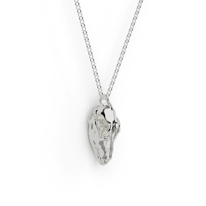 Close-up of a detailed dog skull necklace in silver, inspired by evolutionary science.