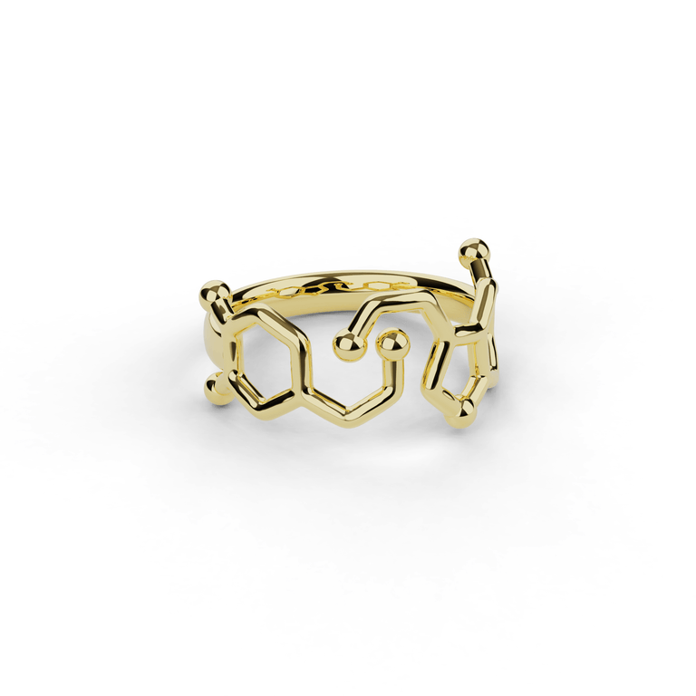 dopamine serotonin ring in 9K solid yellow gold, front view