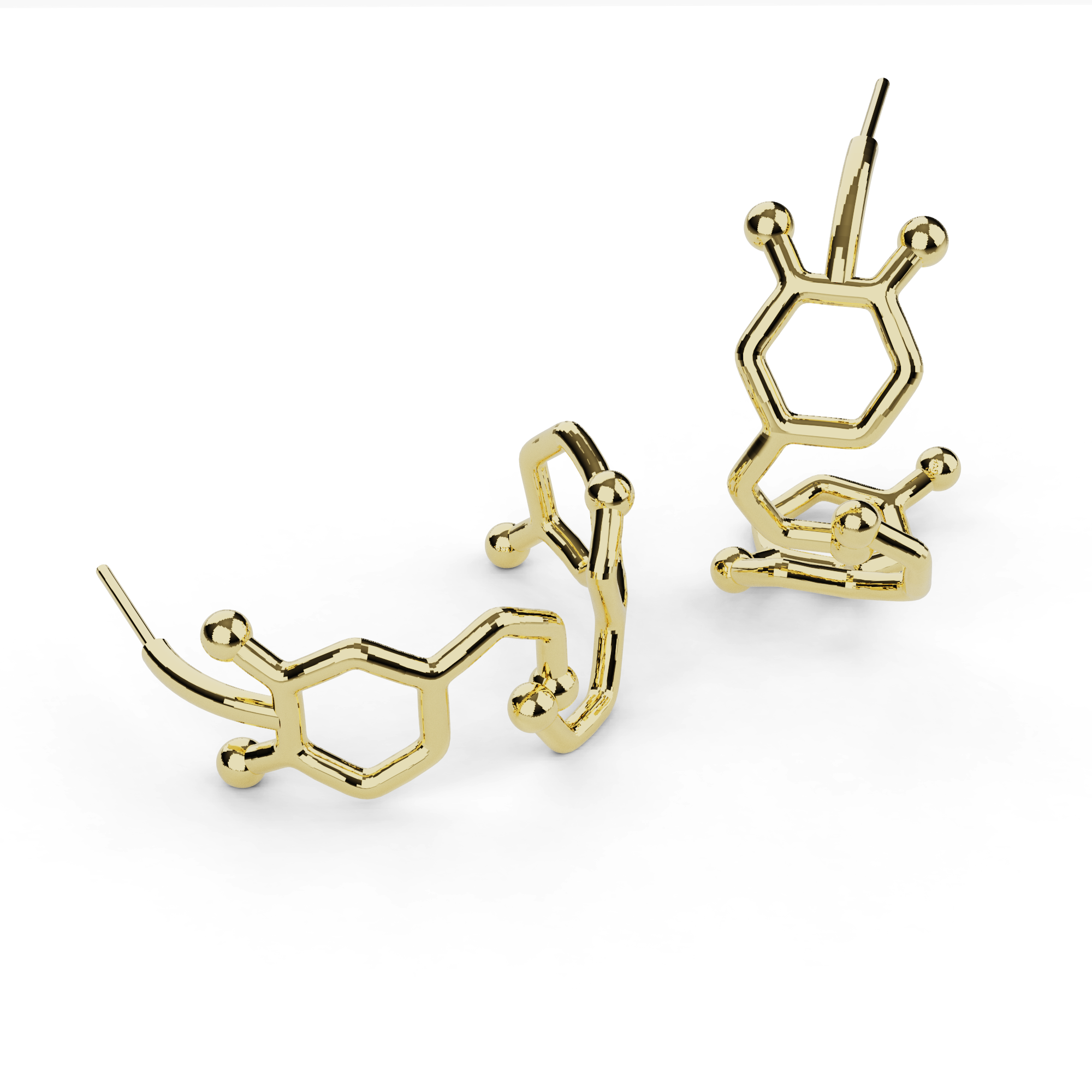 18K gold vermeil dopamine serotonin earring hoops, a pair inspired by the dopamine and serotonin molecules, on posts